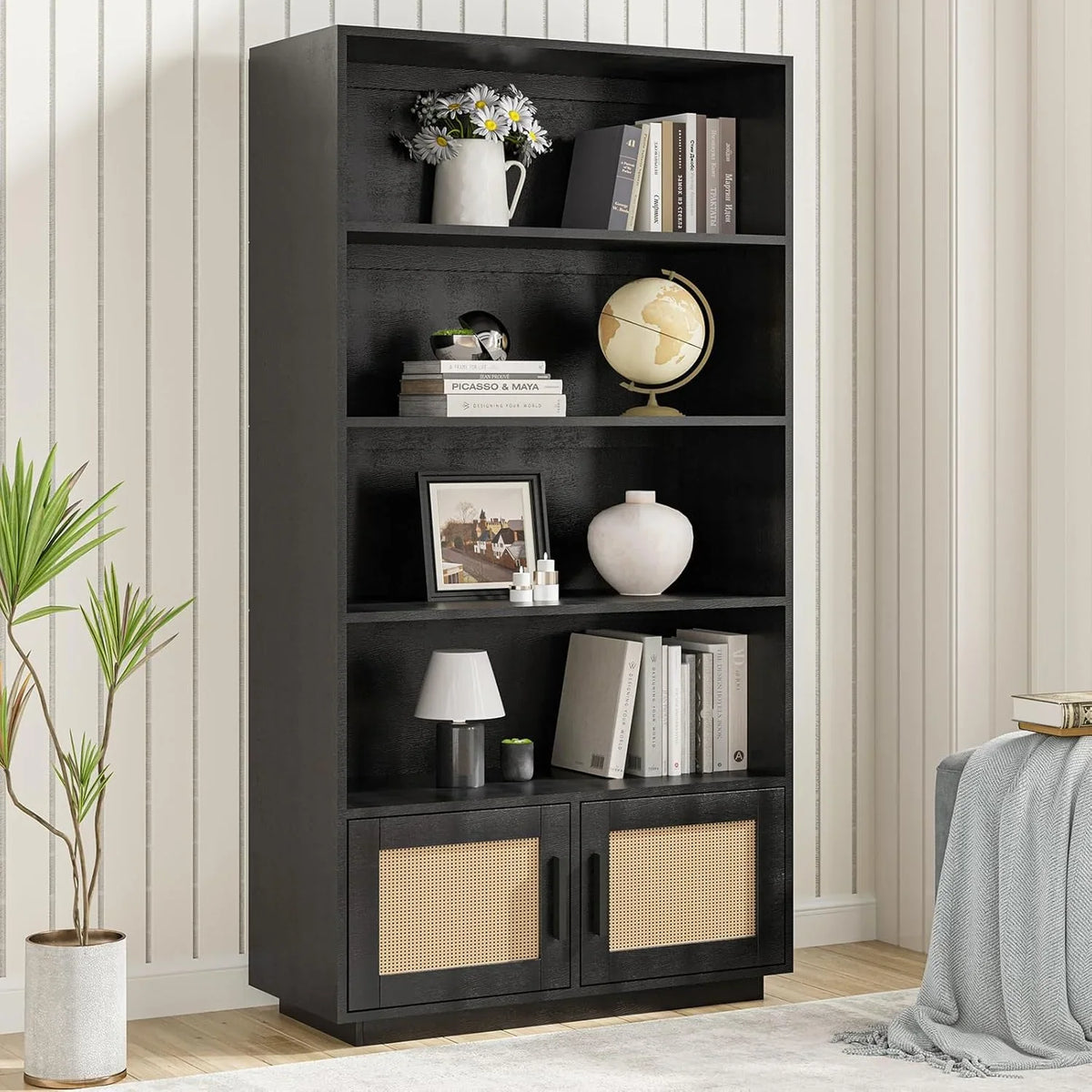 2026 New Huisuilinss 5 Tier Bookcase, Rattan Bookcase with Doors Cabinet, Wooden Bookshelf, Large Wooden Book Case, Tall Book Stand