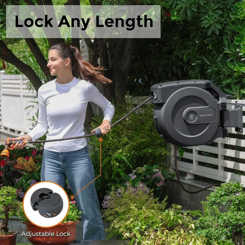 2026 NewGiraffe Tools Retractable Garden Hose Reel with 1/2in-100ft Water Hose, Plastic Bracket, Wall Mounted, Dark Grey