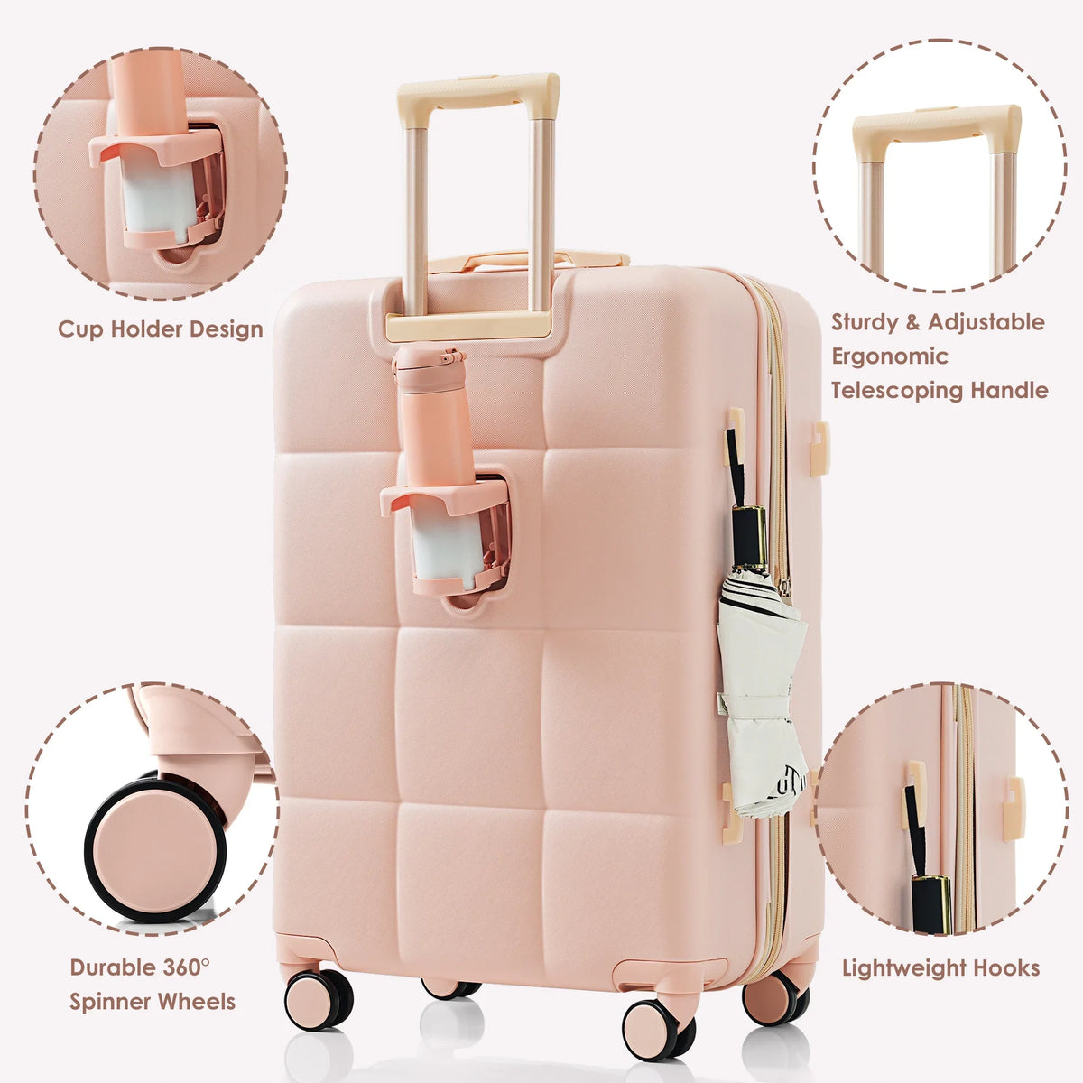 2026 New Luggage Set of 3, 20-inch with USB Port, Airline Certified Carry-on Luggage with Cup Holder, ABS Hard Shell Luggage with Spinner Wheels, white