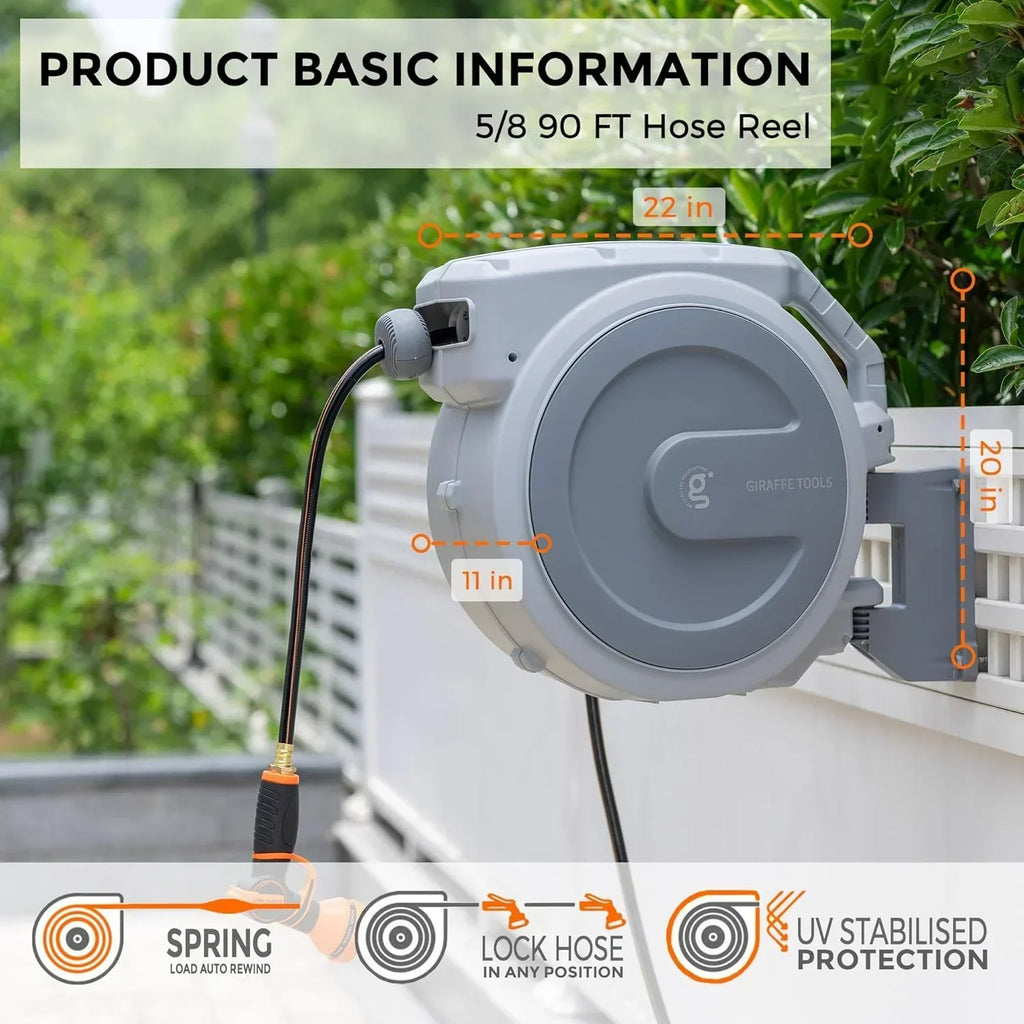 2026 NewGiraffe Tools Retractable Garden Hose Reel with 1/2in-100ft Water Hose, Plastic Bracket, Wall Mounted, Dark Grey