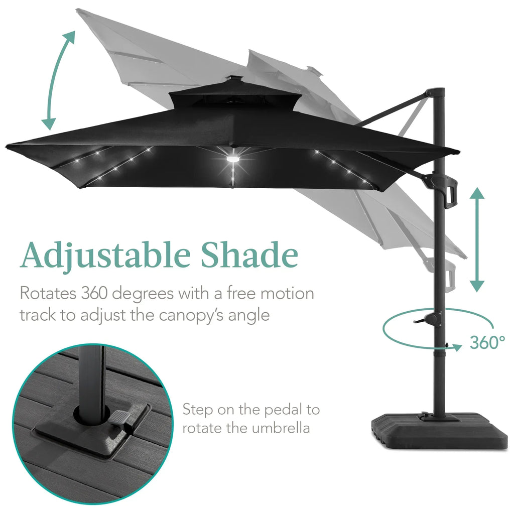 2026 NewBest Choice Products 10x10ft 2-Tier Square Outdoor Solar LED Cantilever Patio Umbrella w/ Base Included - Tan