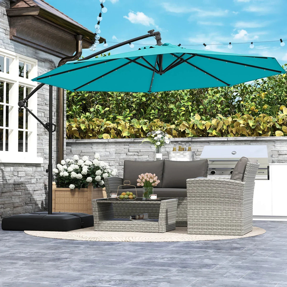 2026 NewCostway 10 FT Solar Offset Hanging Umbrella Patio Cantilever Umbrella with 32 LED Lights Brown