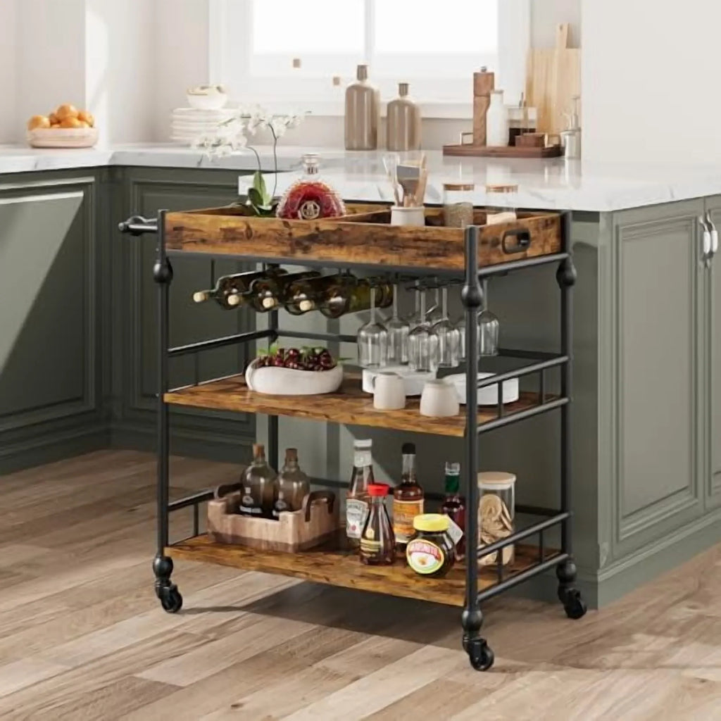 2026 New IDEALHOUSE Bar Cart, Bar Carts for The Home, 3 Tier Bar Cart with Wheels, Portable Home Bar & Serving Carts