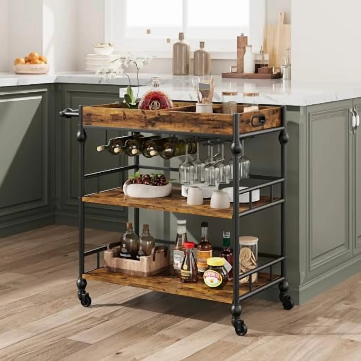 2026 New IDEALHOUSE Bar Cart, Bar Carts for The Home, 3 Tier Bar Cart with Wheels, Portable Home Bar & Serving Carts