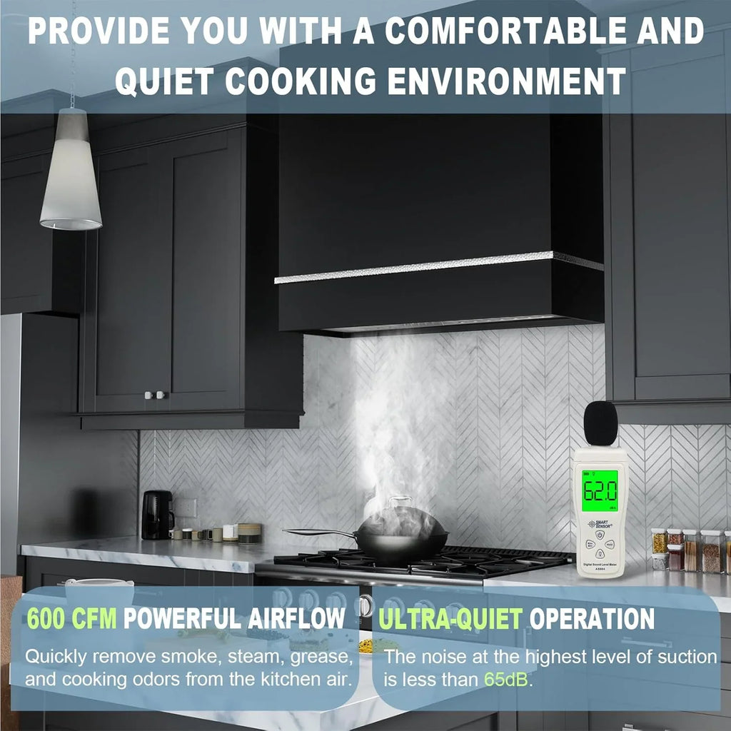 2026 New Akicon Range Hood 30 Inch, 600 CFM Ducted Vent Hood, Stainless Steel Box Kitchen Hood with 2 LED Lights, Removable Baffle Filters
