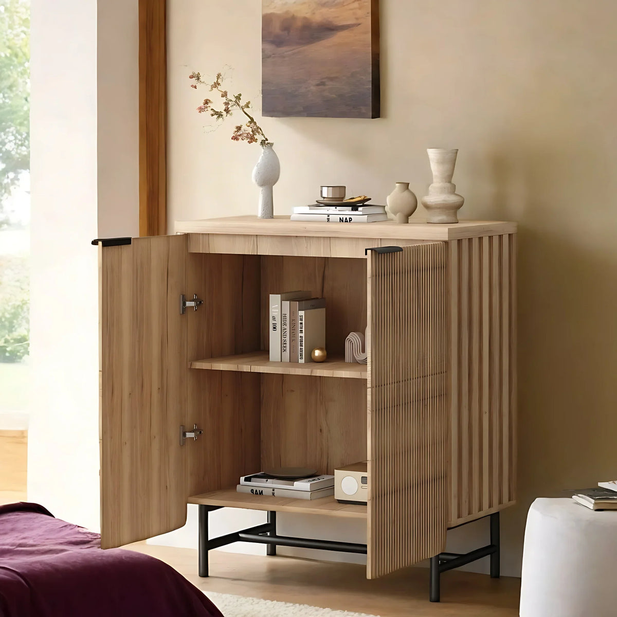 2026 NewVivvoo 30" Wood Nightstand Fluted Door Accent Cabinet