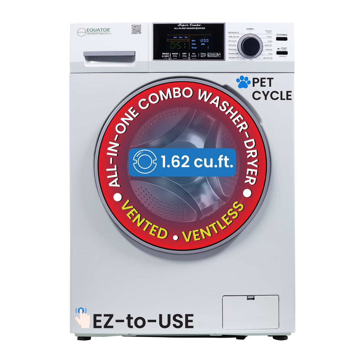 2026 NewEquator Combination Washer Dryer Ventless/Vented Pet cycle 1.62cf/15lbs 110V with Adjustable legs