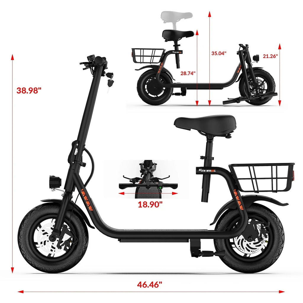 2026 New5TH WHEEL W18S 450W Motor Electric Scooter for Adults with Seat and Carry Basket, 36V 20Miles Range & 15.5Mph, 12" Foldable E Scooter for Commuting