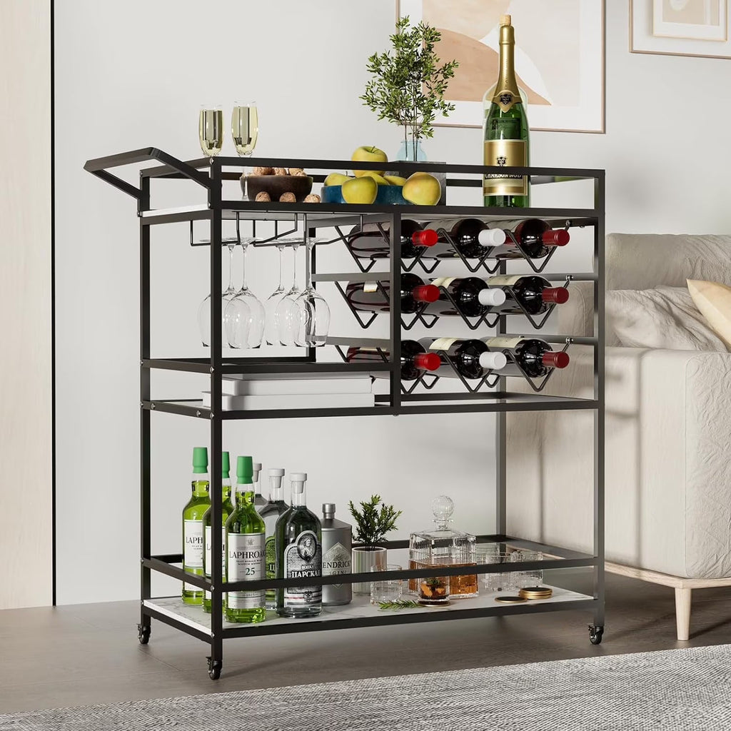 2026 NewWHIFEA 3-Tier Home Bar Cart with Wine Rack, Mobile Serving Wine Cart on Wheels, Modern Rolling Drink Trolley for Coffee Tea Wine