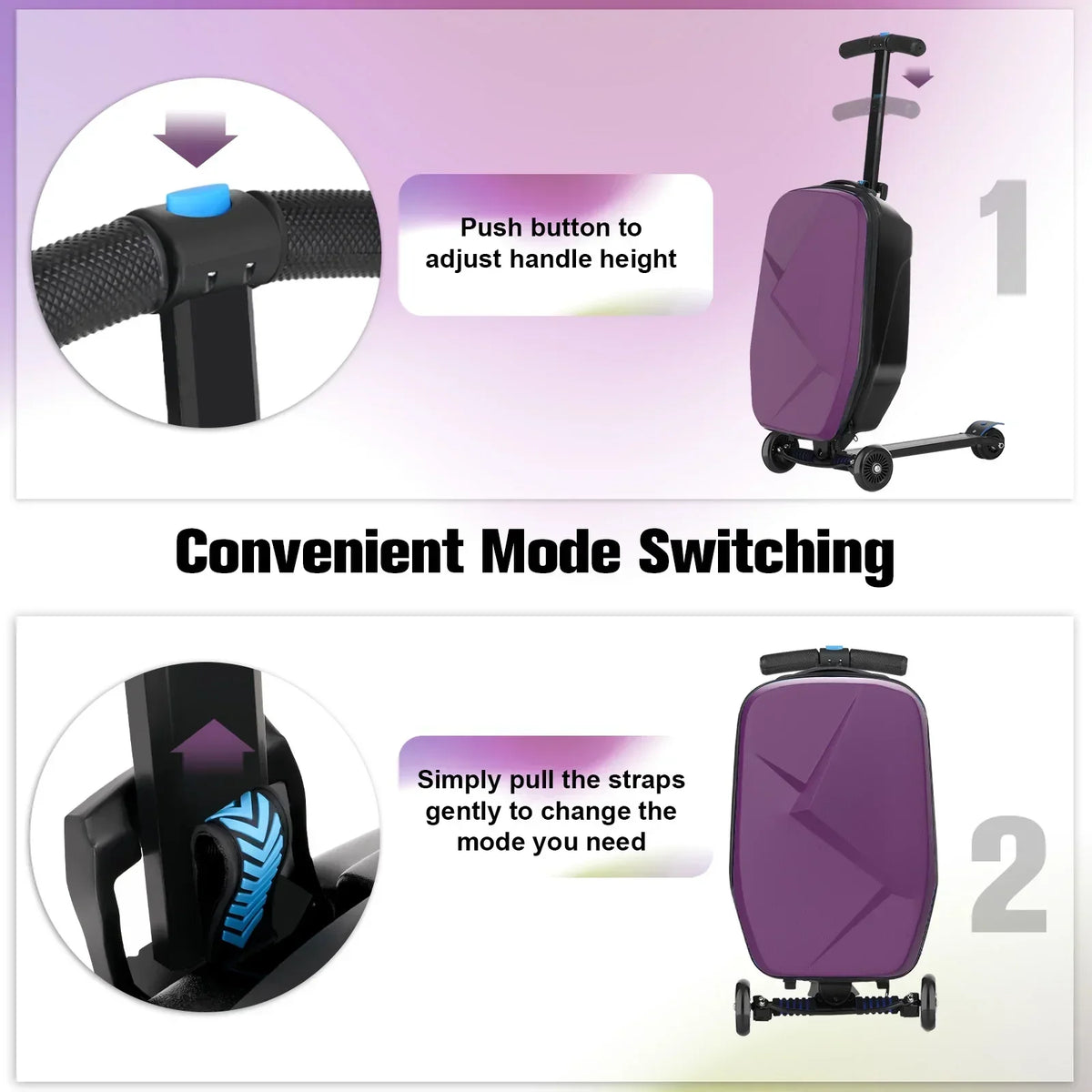 2026 NewAdvwin Scooter Luggage for Kids & Adults, Hardside Ride on Suitcase for Kids Ages 4-15 Multifunctional Lightweight Foldable Carry on Luggage with Wheels Ride on for Children Teenagers, Pink