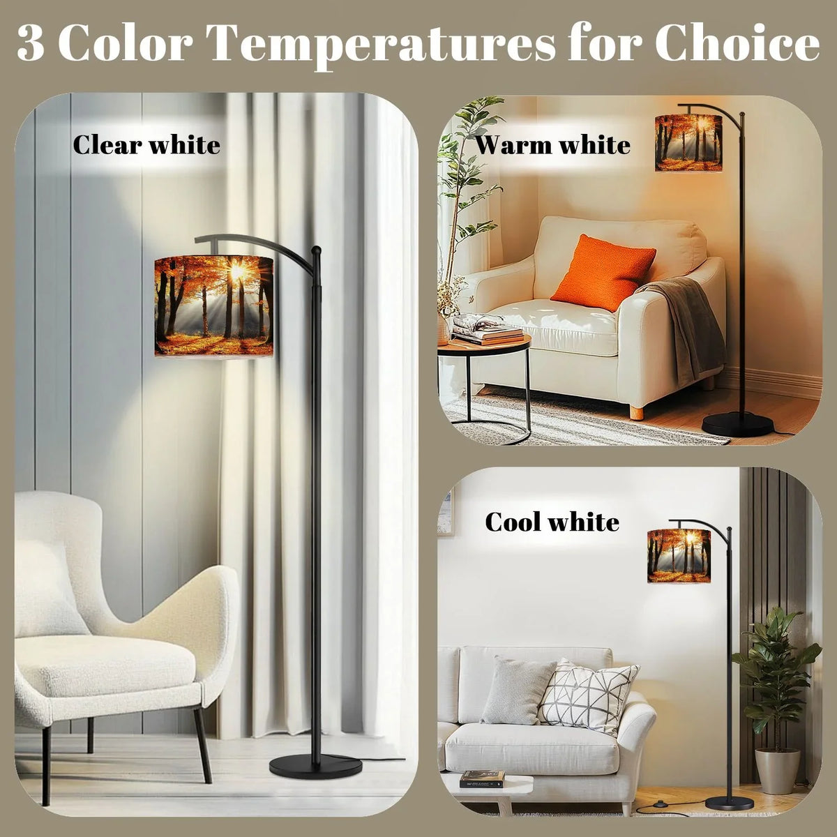 2026 New Arc Floor Lamp, 3 Color Temperatures Modern Floor Lamps Fall Autumn Maple Tree Forest Adjustable Tall Standing Reading Lamp with Linen Texture Shade