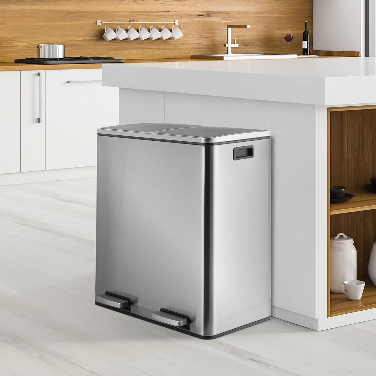 2026 NewArlopu 60 L/16 gal Dual Trash Can, Stainless Steel Garbage Can for Kitchen, Recycle Bin with Lid