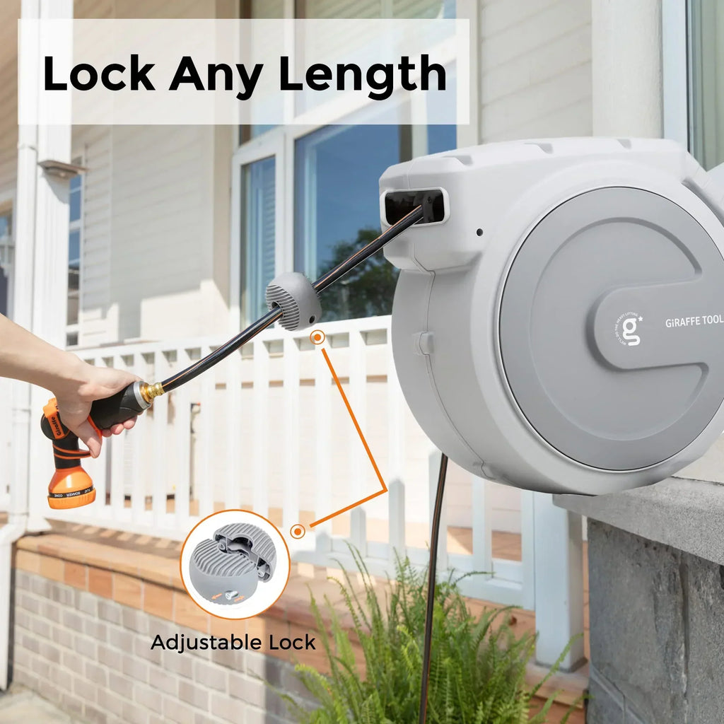 2026 NewGiraffe Tools Retractable Garden Hose Reel with 1/2in-100ft Water Hose, Plastic Bracket, Wall Mounted, Dark Grey