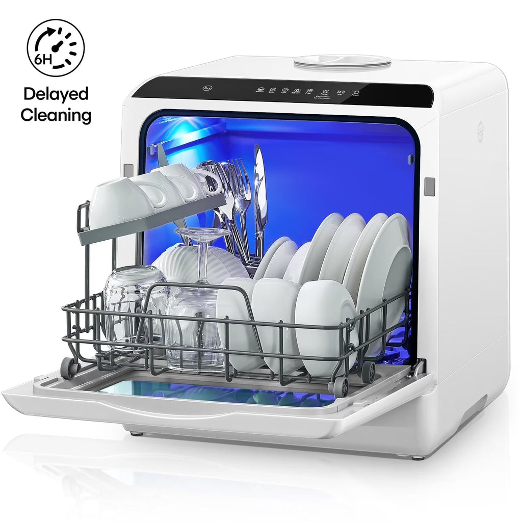 2026 NewFOHERE Countertop Dishwasher with 6H Delay Cleaning, Portable Dishwasher w/5L Built-in Water Tank, 6 Programs, 360" Dual Spray, High-Temp