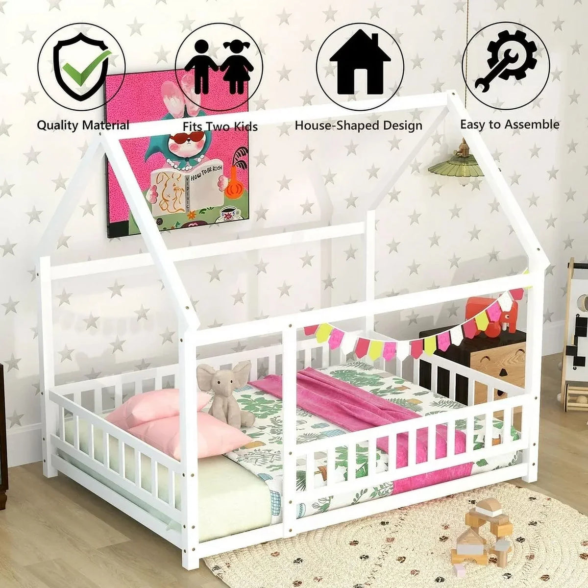 2026 New Full Size House Floor Bed, Wood Montessori Bed Frame with Fence Guardrails, House Beds Frame No Box Spring Needed-Full, Gray)