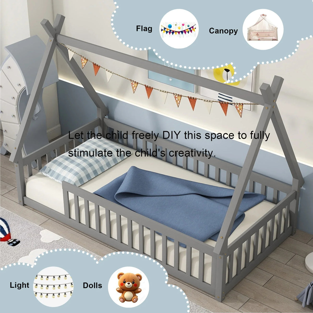 2026 New Full Size House Floor Bed, Wood Montessori Bed Frame with Fence Guardrails, House Beds Frame No Box Spring Needed-Full, Gray)