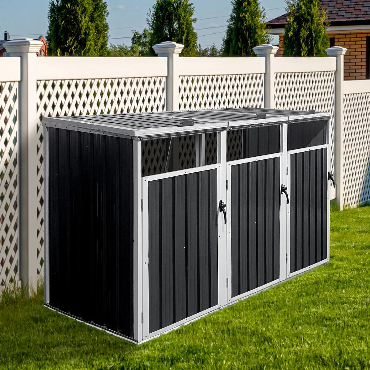 2026 NewAukfa 7.3' W Outdoor Garbage Bin Storage, Metal Storage Shed for 3 Trash Cans Tools, Waterproof Trash Can Storage