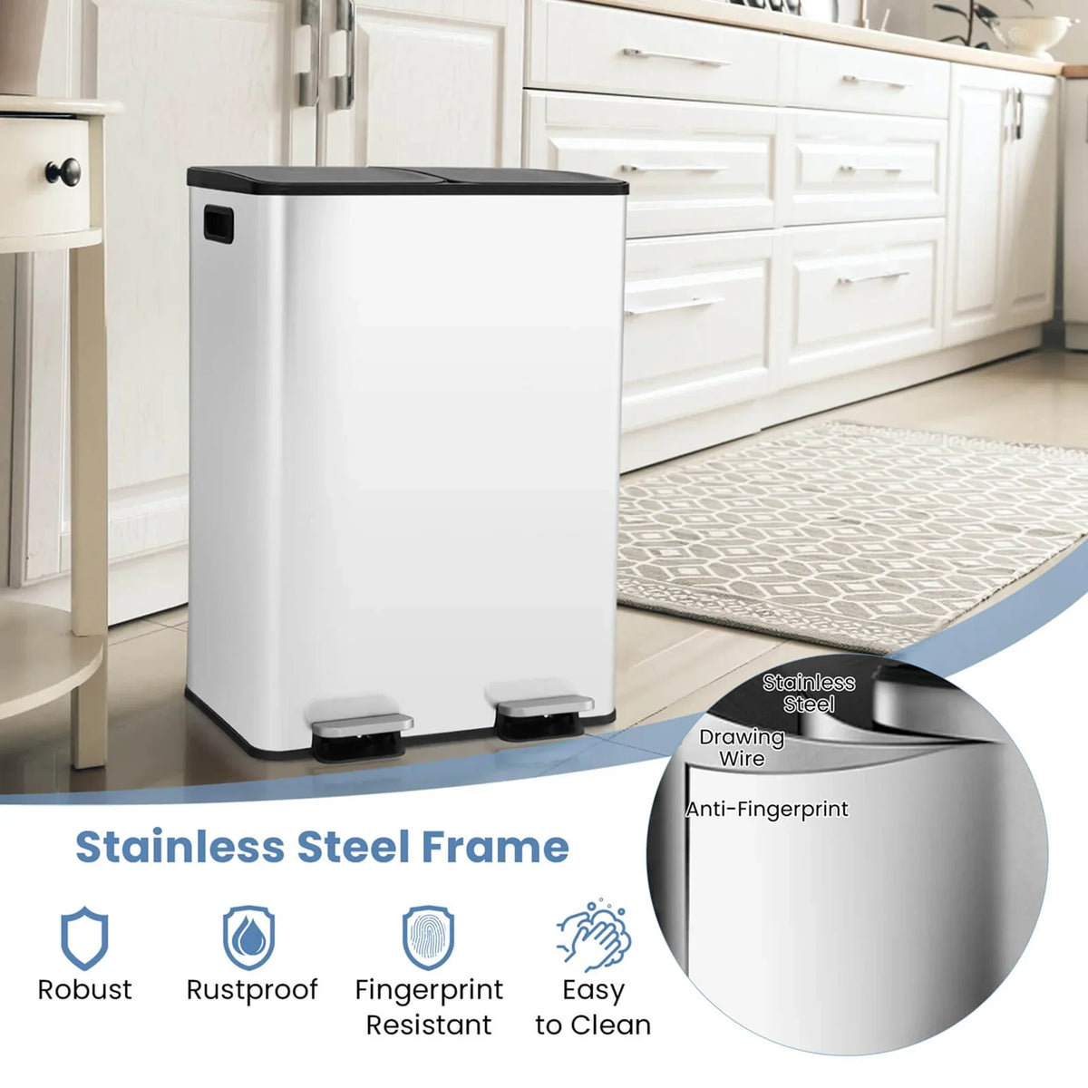 2026 NewCostway 16 Gallon Dual Step Trash Can Recycle Bin Stainless Steel Bucket Pedal Silver