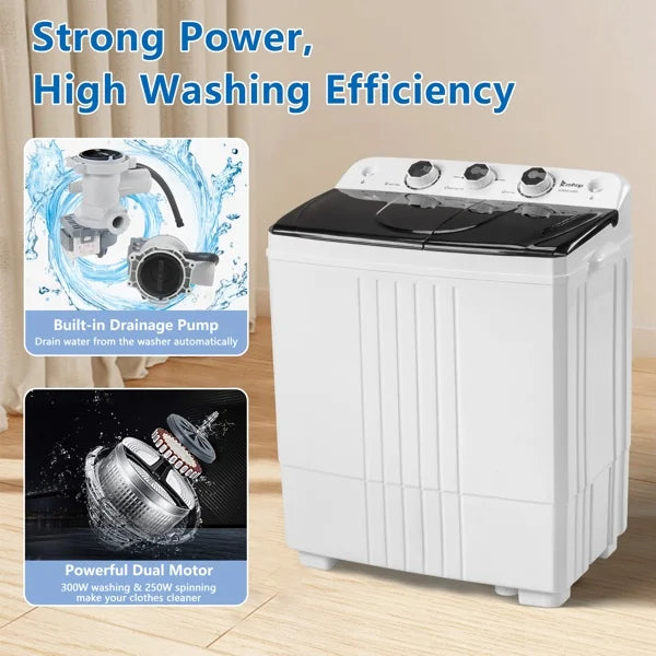 2026 New20Lb Twin Tub Washing Machine w/ Built-In Pump - Semi-Automatic 1300RPM Compact Washer for Apartment, Dorm, RV, Camping, White/Black