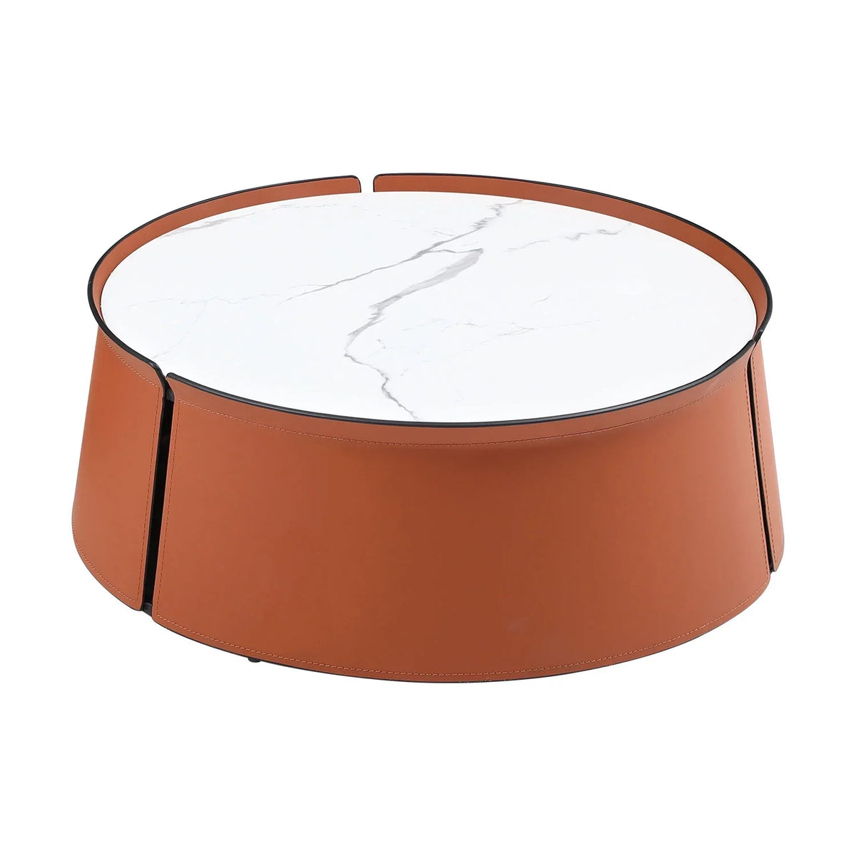 2026 New 31.5inch Coffee Table, Marble Top+Orange Saddle Leather Body+Iron Frame