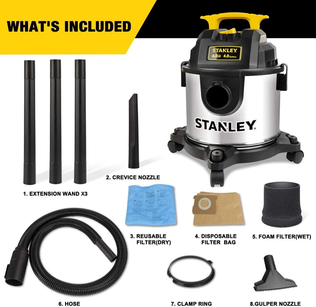 2026 New4 Gallon Wet Dry Vacuum, 4 Peak HP Stainless Steel 3 in 1 Shop Vacuum Blower with Powerful Suction, Vacuum for Job Site, Garage, Basement, Workshop