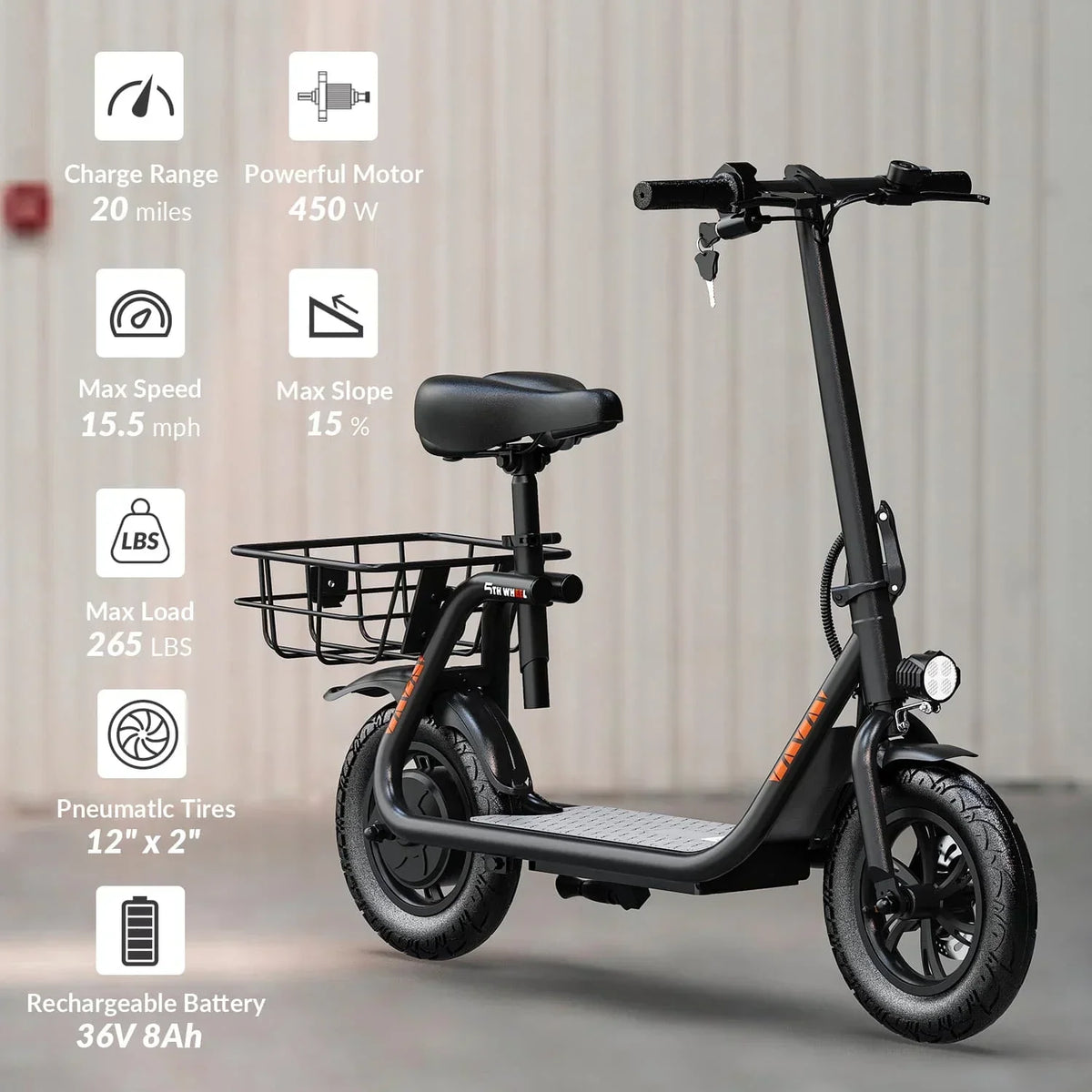 2026 New5TH WHEEL W18S 450W Motor Electric Scooter for Adults with Seat and Carry Basket, 36V 20Miles Range & 15.5Mph, 12" Foldable E Scooter for Commuting