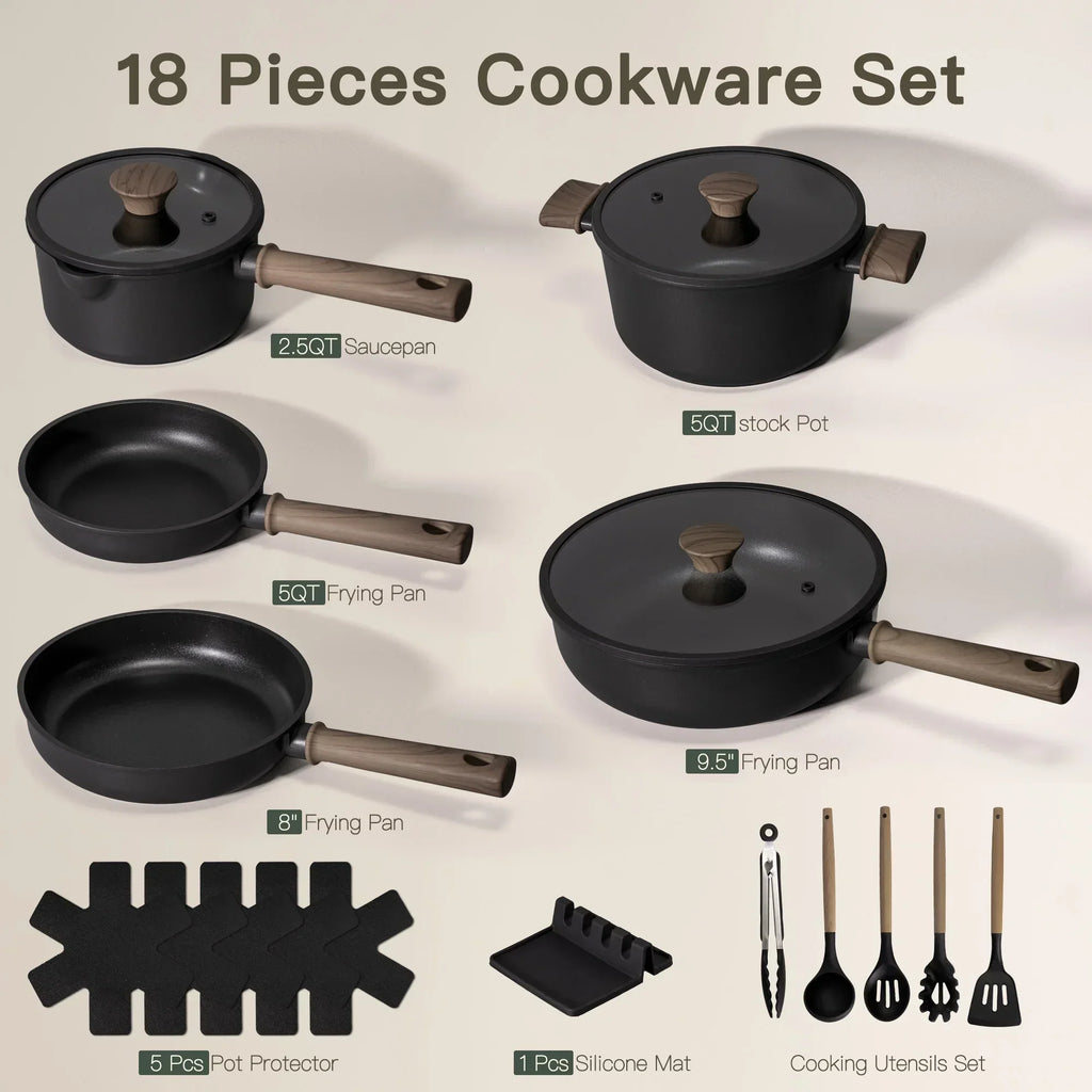 2026 NewAstercook 18-Piece Pots and Pans Set, Nonstick Cookware Set with Elegant Wooden Handle, Oven Safe to 480" F, Induction Compatible, Kitchen Cooking Set for RV Trips, Camping and Picnic, Black
