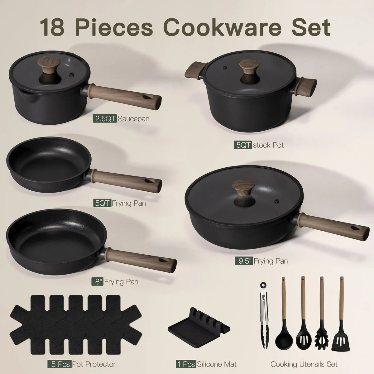 2026 NewAstercook 18-Piece Pots and Pans Set, Nonstick Cookware Set with Elegant Wooden Handle, Oven Safe to 480" F, Induction Compatible, Kitchen Cooking Set for RV Trips, Camping and Picnic, Black
