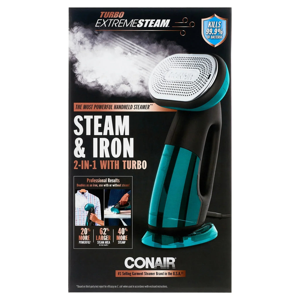 2026 NewConair Turbo ExtremeSteam 1875 Watt Handheld Fabric, 2-in-1 Steam and Iron Garment Steamer, One Size, Black/Green GS107