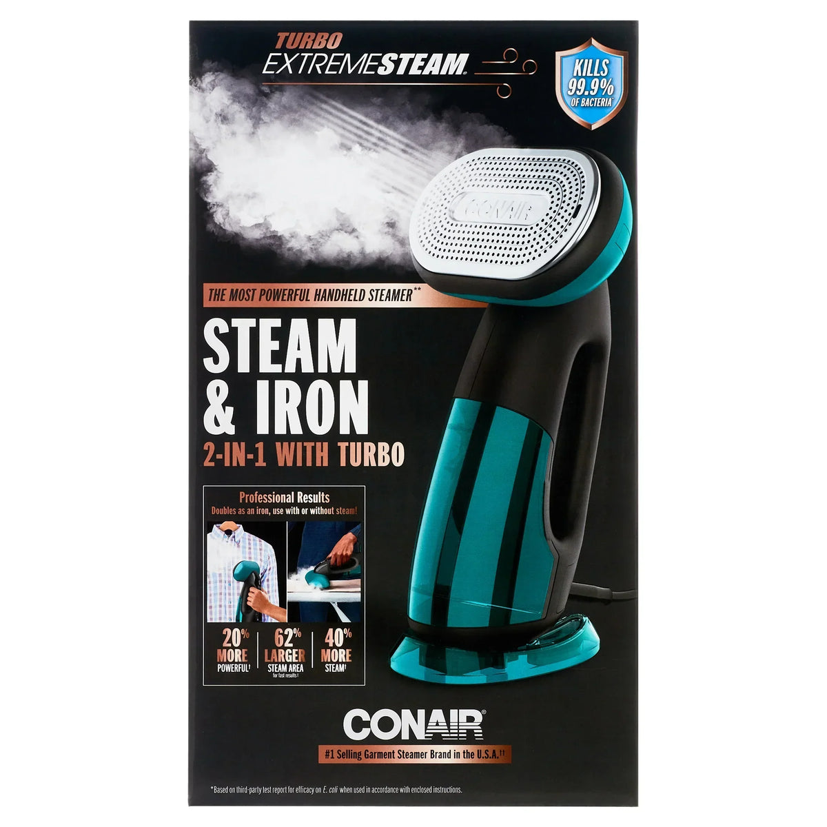 2026 NewConair Turbo ExtremeSteam 1875 Watt Handheld Fabric, 2-in-1 Steam and Iron Garment Steamer, One Size, Black/Green GS107