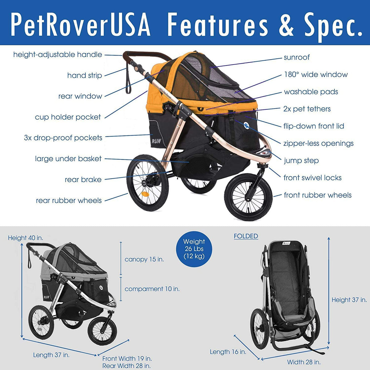 Jogging Sports Stroller with Comfort Rubber Wheels/Zipper-Less Entry/1-Hand Quick Fold/Aluminum Frame for Small/Medium Dogs, Cats and Pets (Green Camo)