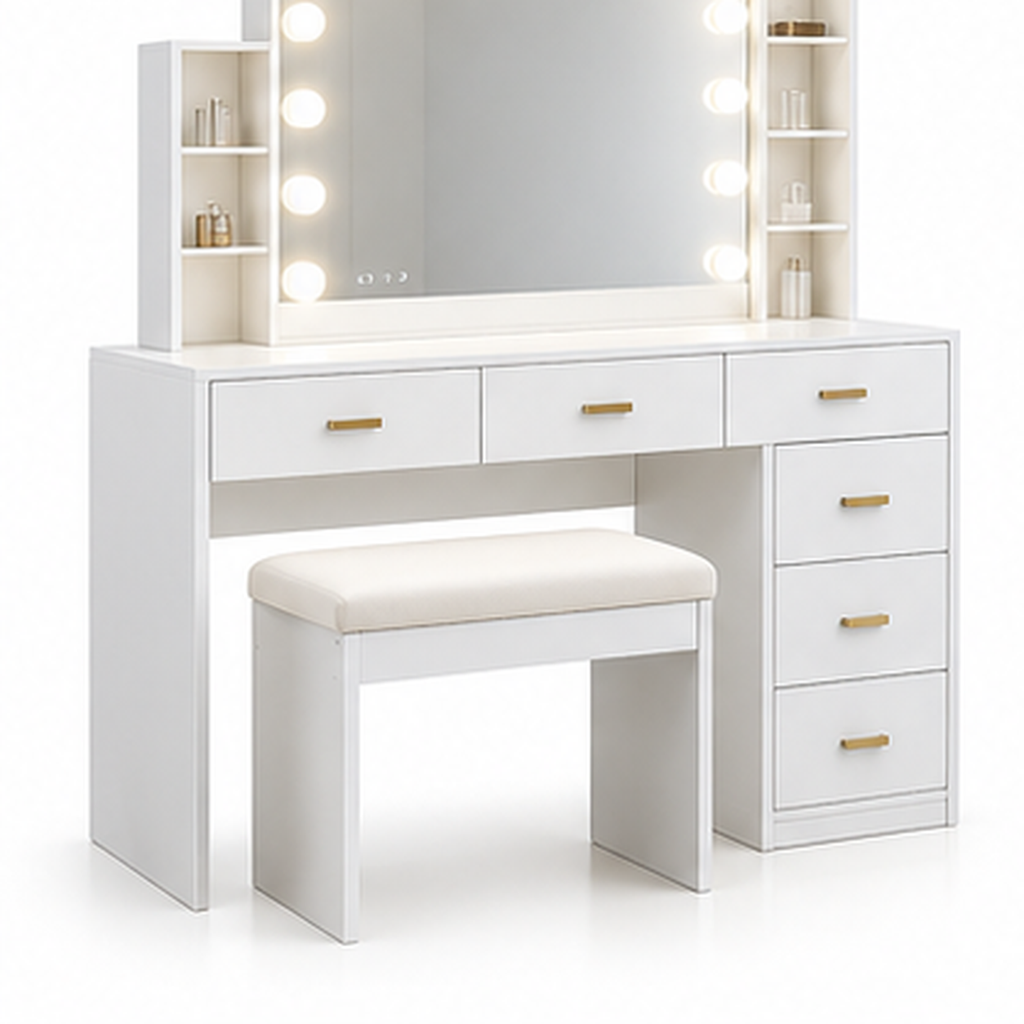 CSZZD White Makeup Vanity Desk with LED Mirror & RGB Cabinets