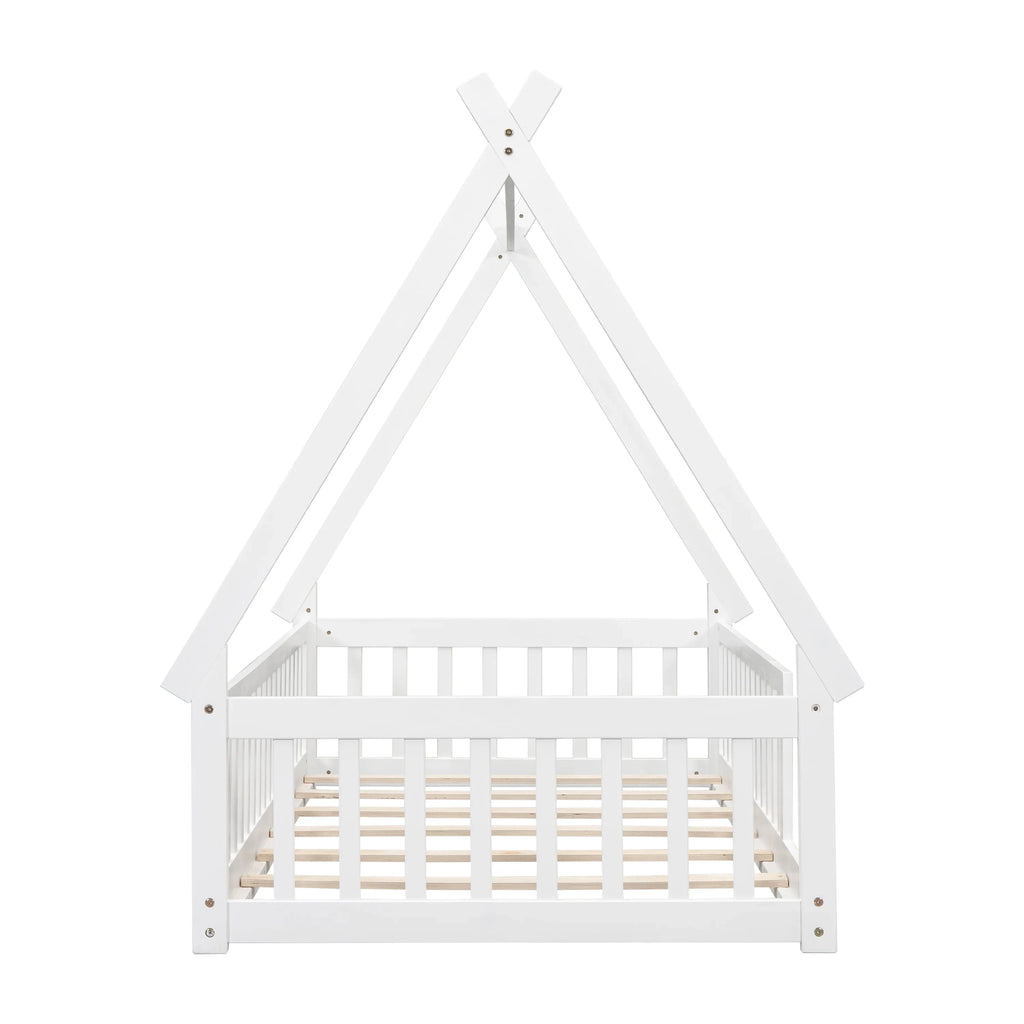 2026 New Full Size House Floor Bed, Wood Montessori Bed Frame with Fence Guardrails, House Beds Frame No Box Spring Needed-Full, Gray)