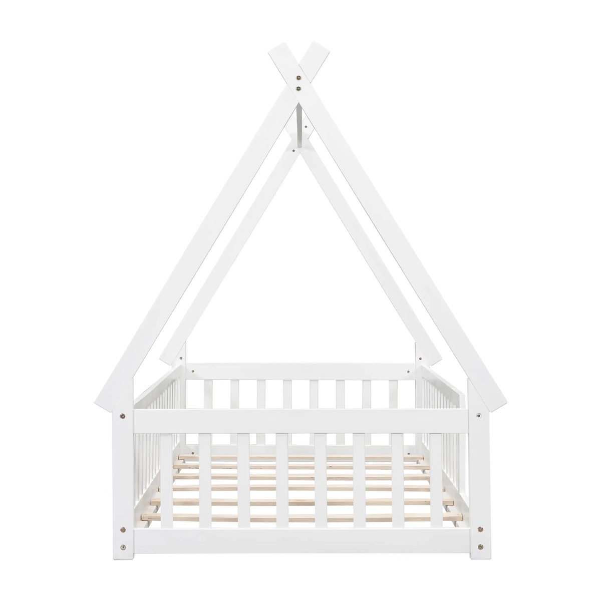 2026 New Full Size House Floor Bed, Wood Montessori Bed Frame with Fence Guardrails, House Beds Frame No Box Spring Needed-Full, Gray)
