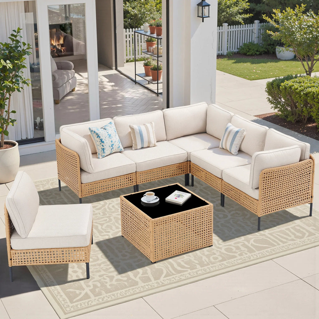 2026 NewPPorfamilia Outdoor Modular Sectional Furniture Set, 7 Piece Natural PE Rattan Sofa Set with 2 Corner Chairs, 4 Middle Chairs, Side Table