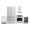 2026 NewCosmo 5 Piece Kitchen Appliance Packages with 30" Freestanding Electric Range 30" Island Range Hood 24" Built-in Fully Integrated Dishwasher French Door Refrigerator & 48 Bottle Wine Refrigerator