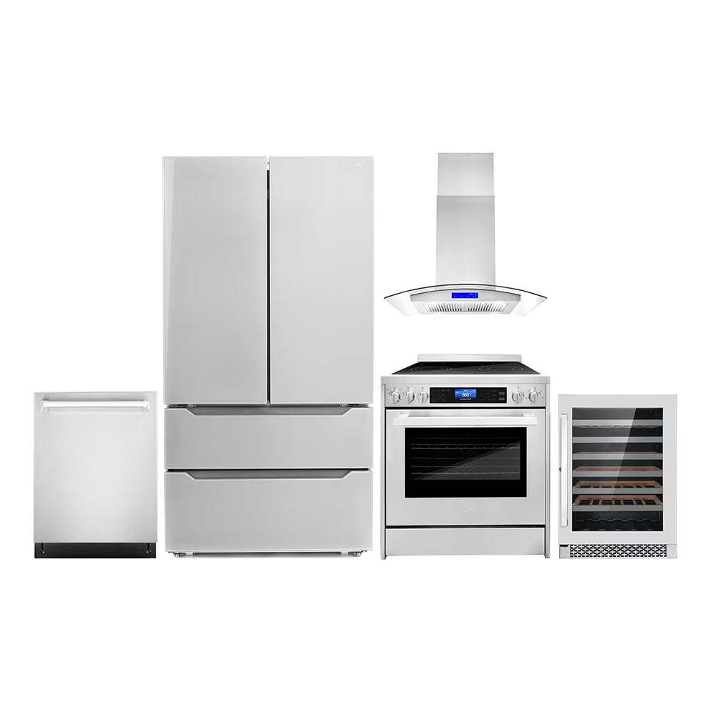 2026 NewCosmo 5 Piece Kitchen Appliance Packages with 30" Freestanding Electric Range 30" Island Range Hood 24" Built-in Fully Integrated Dishwasher French Door Refrigerator & 48 Bottle Wine Refrigerator