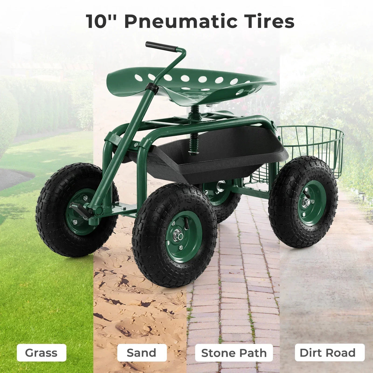 2026 NewCostway Garden Cart Rolling Work Seat for Planting with Extendable Handle Green
