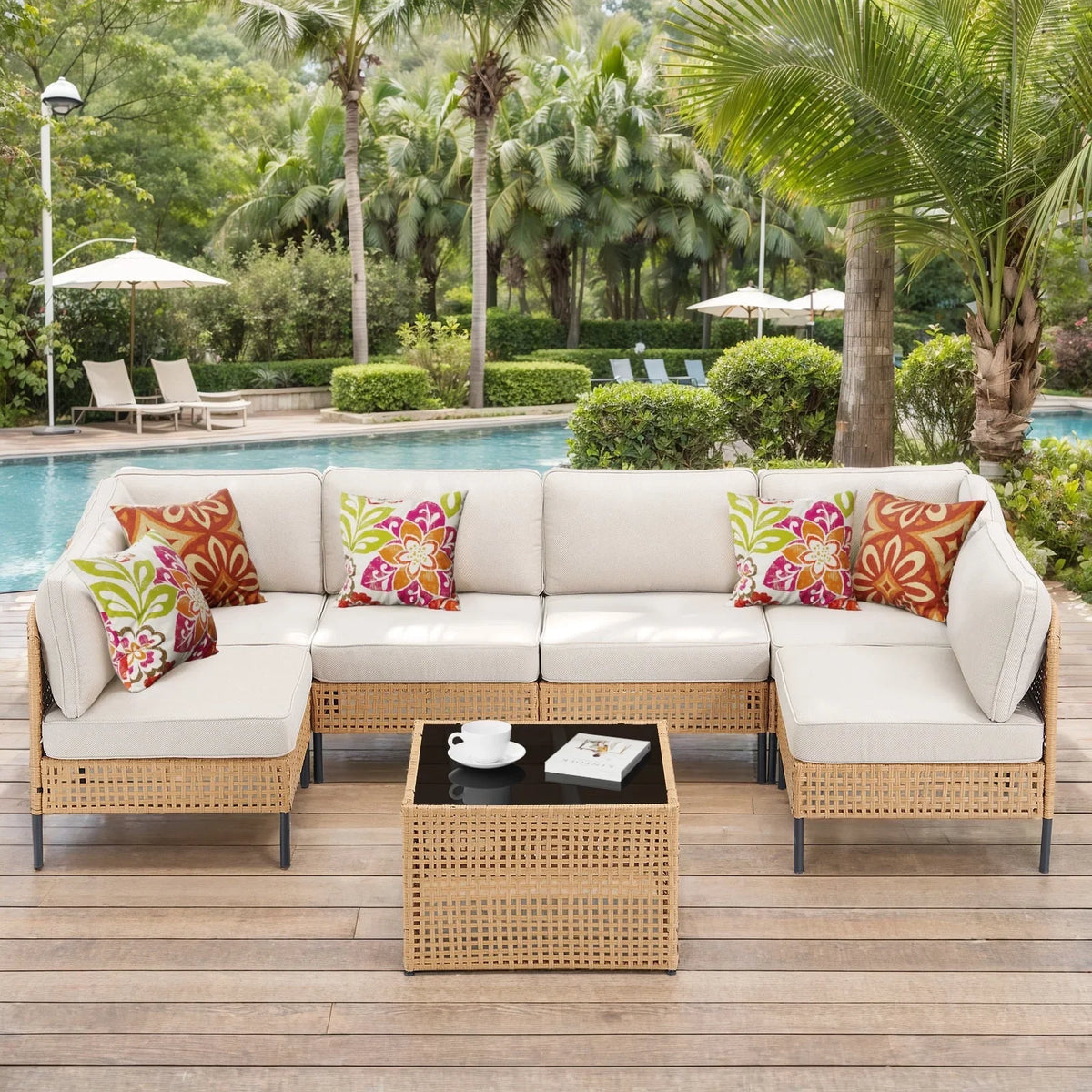 2026 NewPPorfamilia Outdoor Modular Sectional Furniture Set, 7 Piece Natural PE Rattan Sofa Set with 2 Corner Chairs, 4 Middle Chairs, Side Table