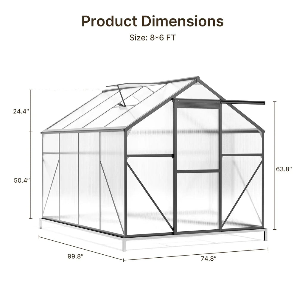 2026 NewAsofer 6' x 4' Greenhouse for Outdoors, Aluminum Walk-in Green Houses shed with Rain Gutter and Roof Vent for Backyard