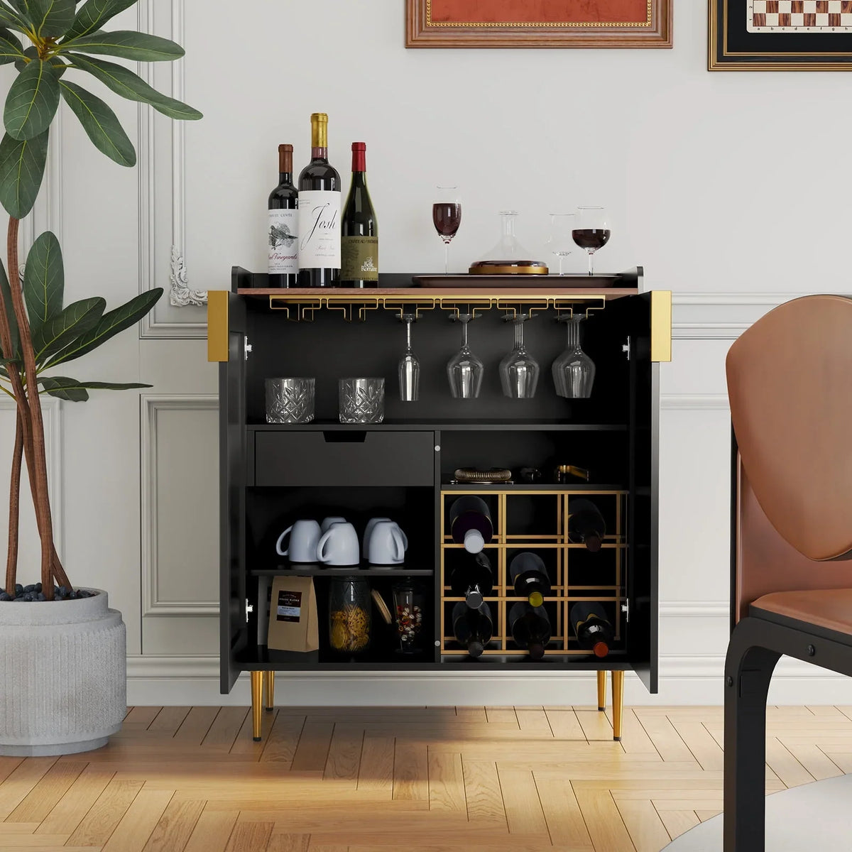 2026 NewCBJCBJ 32" Wine Bar Cabinet with 2 Door Fluted Texture, Modern Coffee Cabinet with Rack&Glass Holder, Black