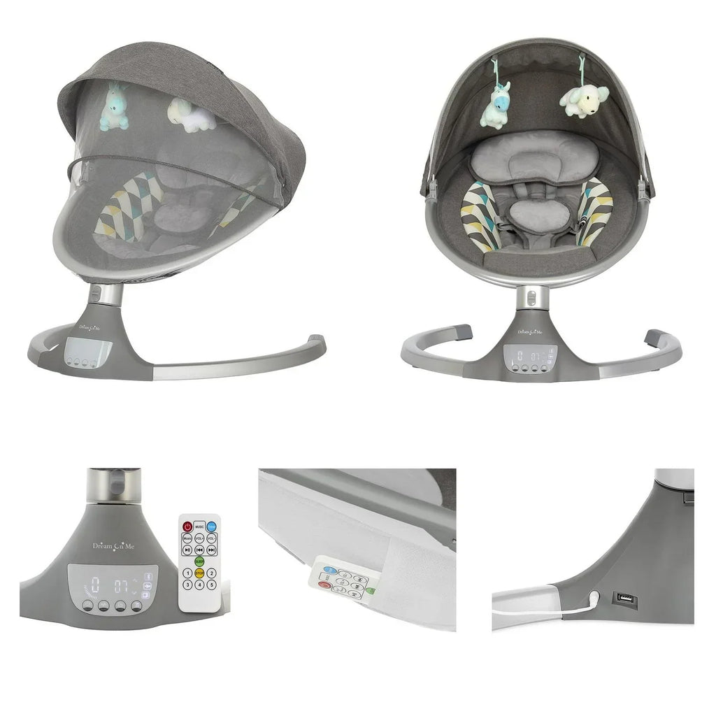 2026 NewDream On Me Zazu Baby Swing. Baby Swing for Infant. 5 - Swinging Speed. Two Attached Toys. Bluetooth Enabled and Remote Control. Grey and Blue