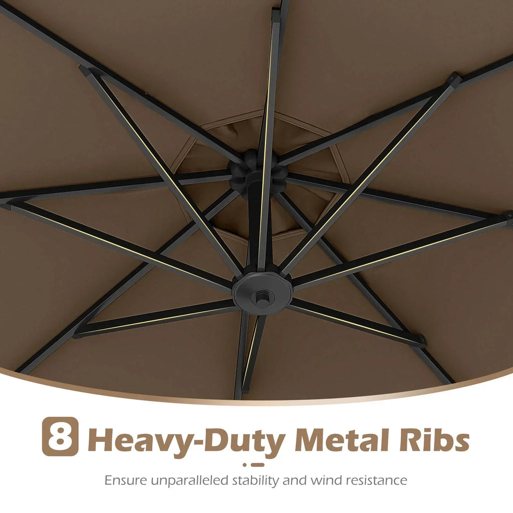 2026 NewCostway 10 FT Solar Offset Hanging Umbrella Patio Cantilever Umbrella with 32 LED Lights Brown