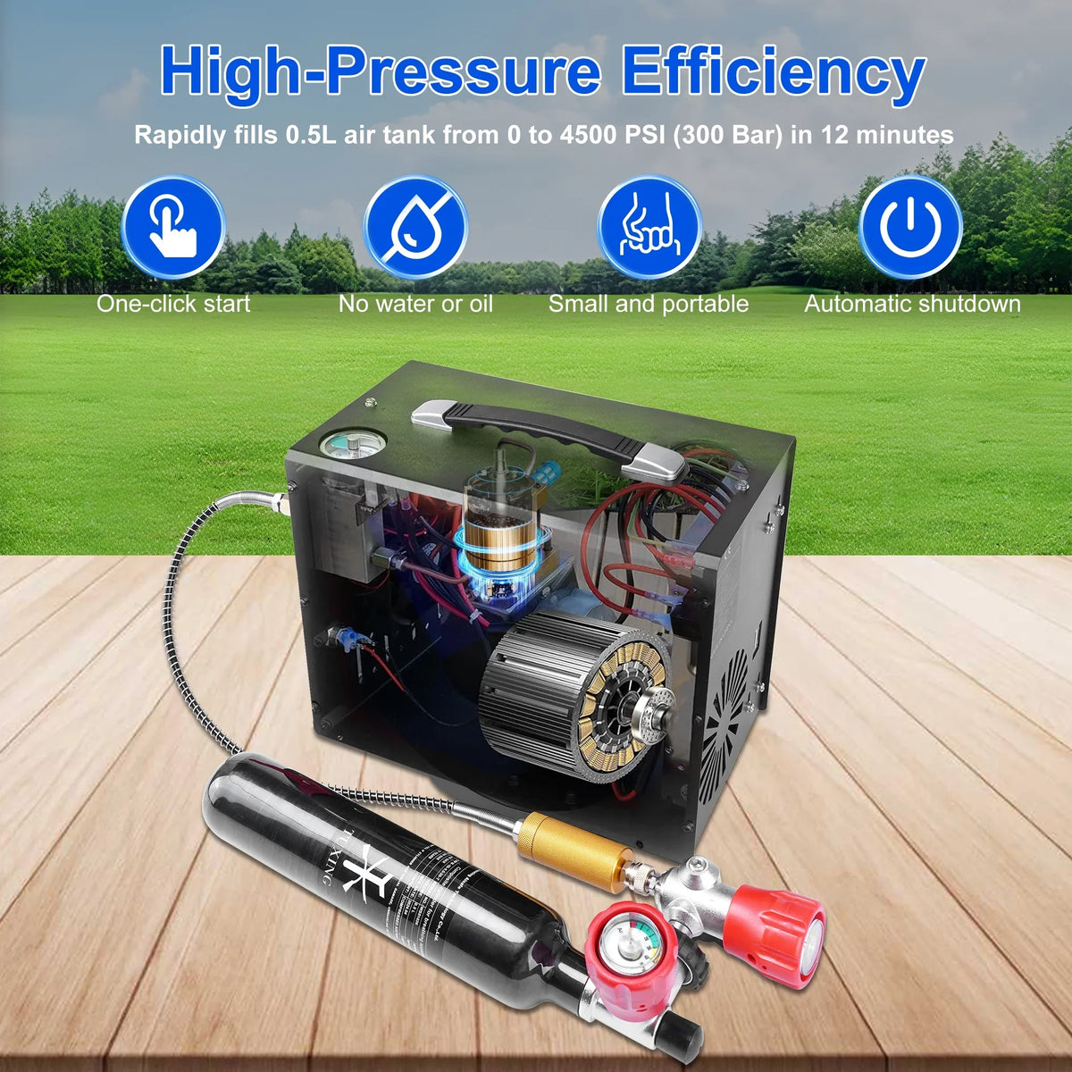 2026 NewTUDIVING PCP Air Compressor, Built in Converter, 4500psi/300bar Pcp Compressor Auto stop