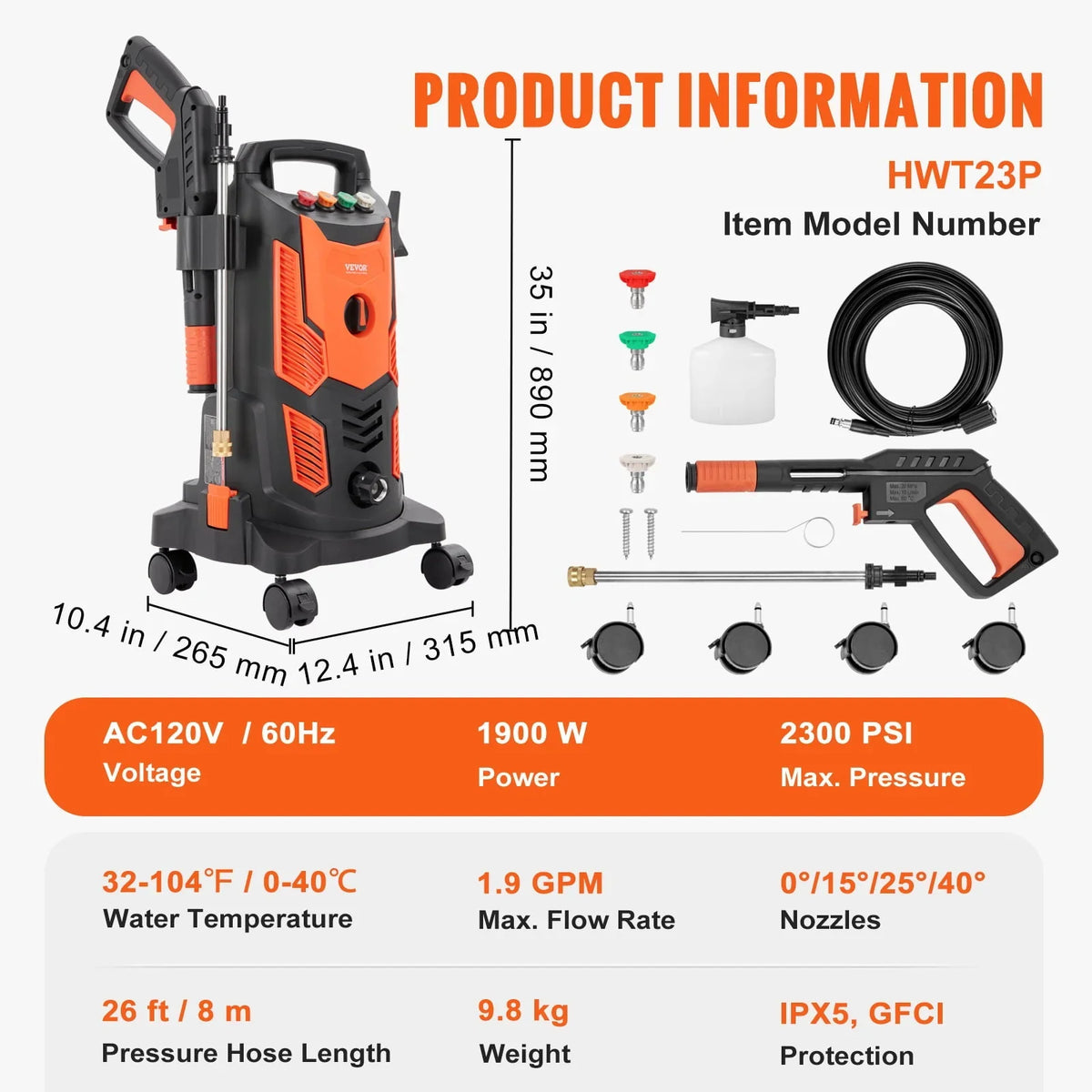 2026 NewBENTISM Electric Pressure Washer 2300 PSI 1.9 GPM 1900W Cold Water Wheeled