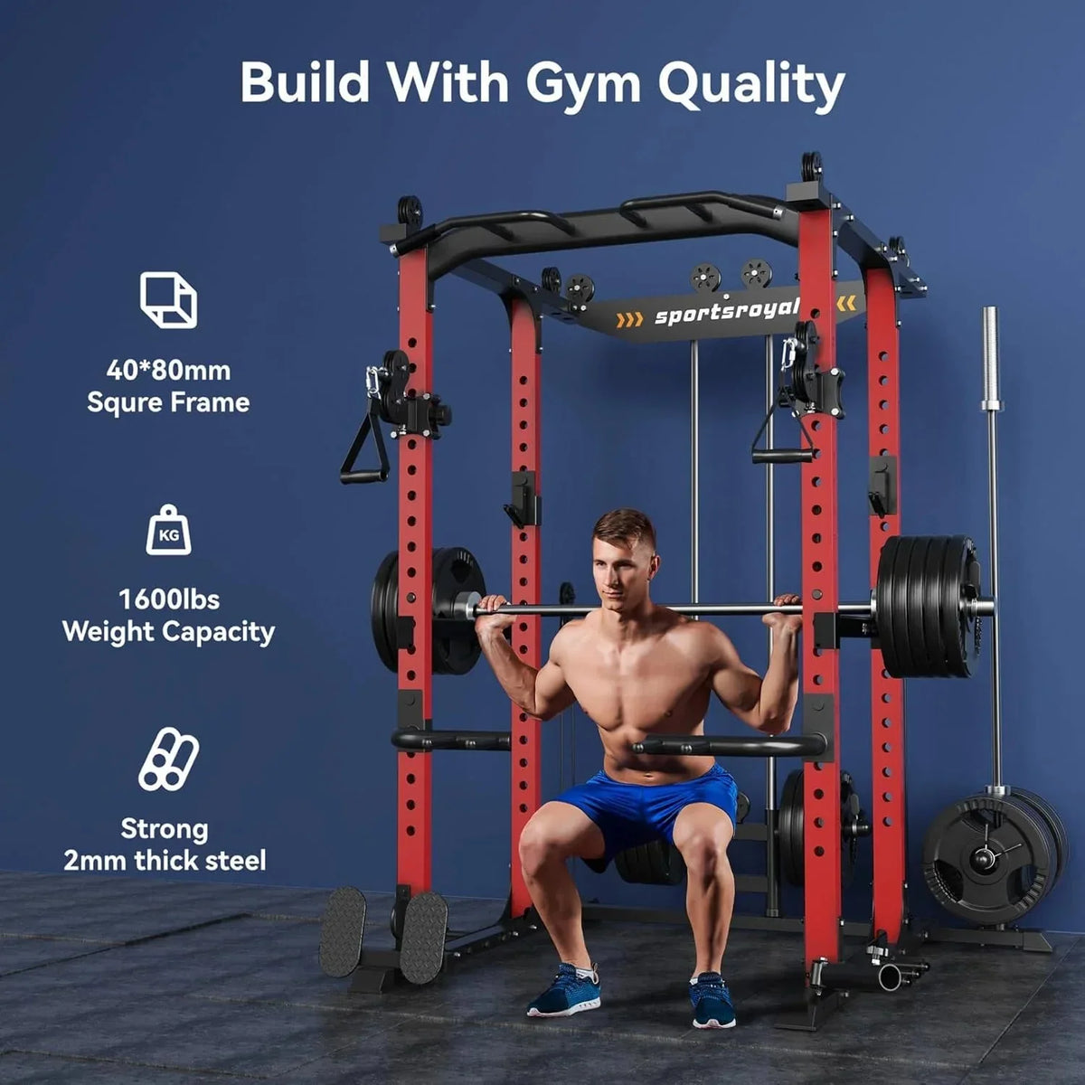 Sportsroyals Power Cage,1600lbs Multi-Function Power Rack with Adjustable Cable Crossover System and More Training Attachment, Weight Cage for Home Gym