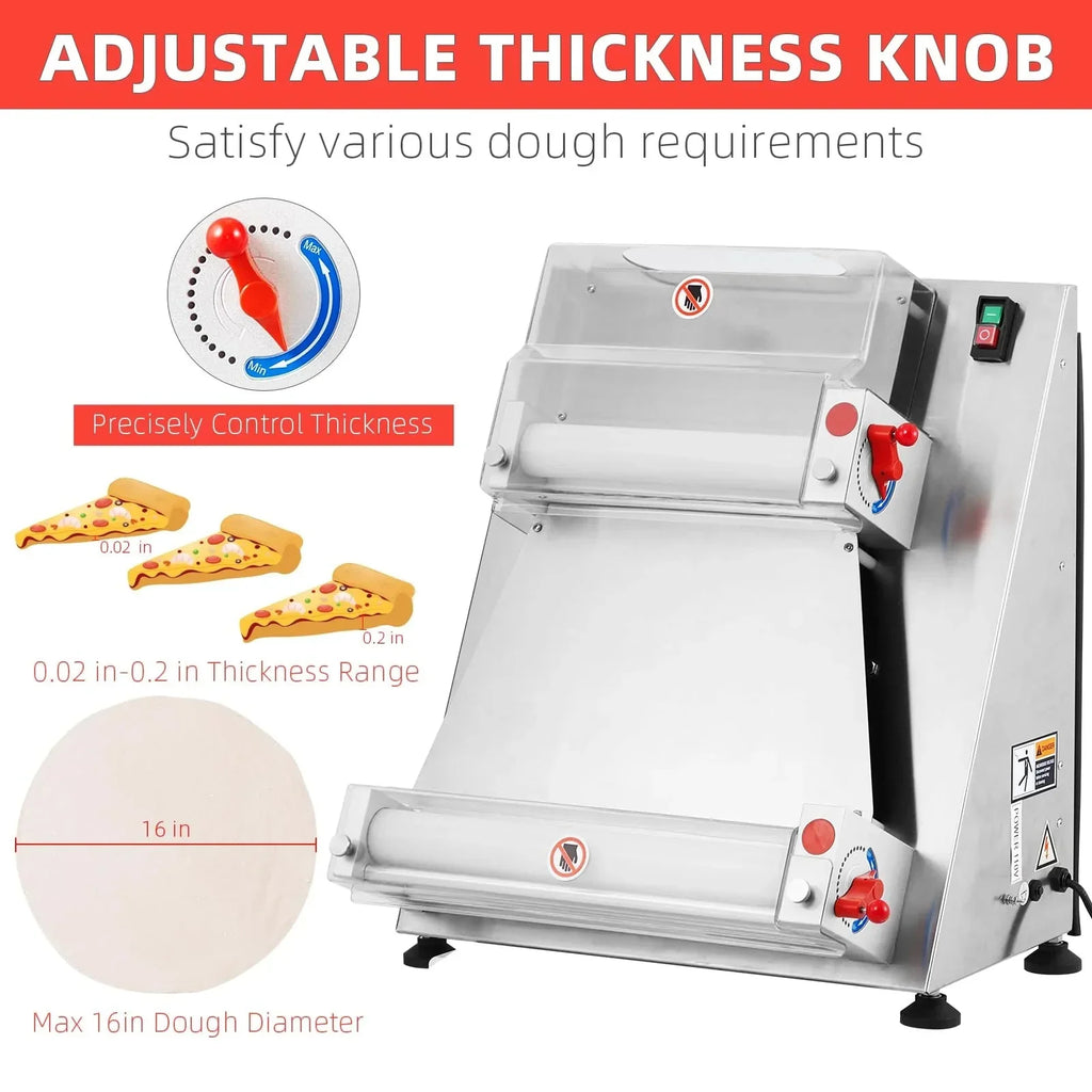 Commercial Pizza Dough Roller Sheeter, Max 16, Automatic 370W Electric Pizza Dough Roller, Stainless Steel, Suitable for Noodle, Pizza Bread and Pasta Maker Equipment