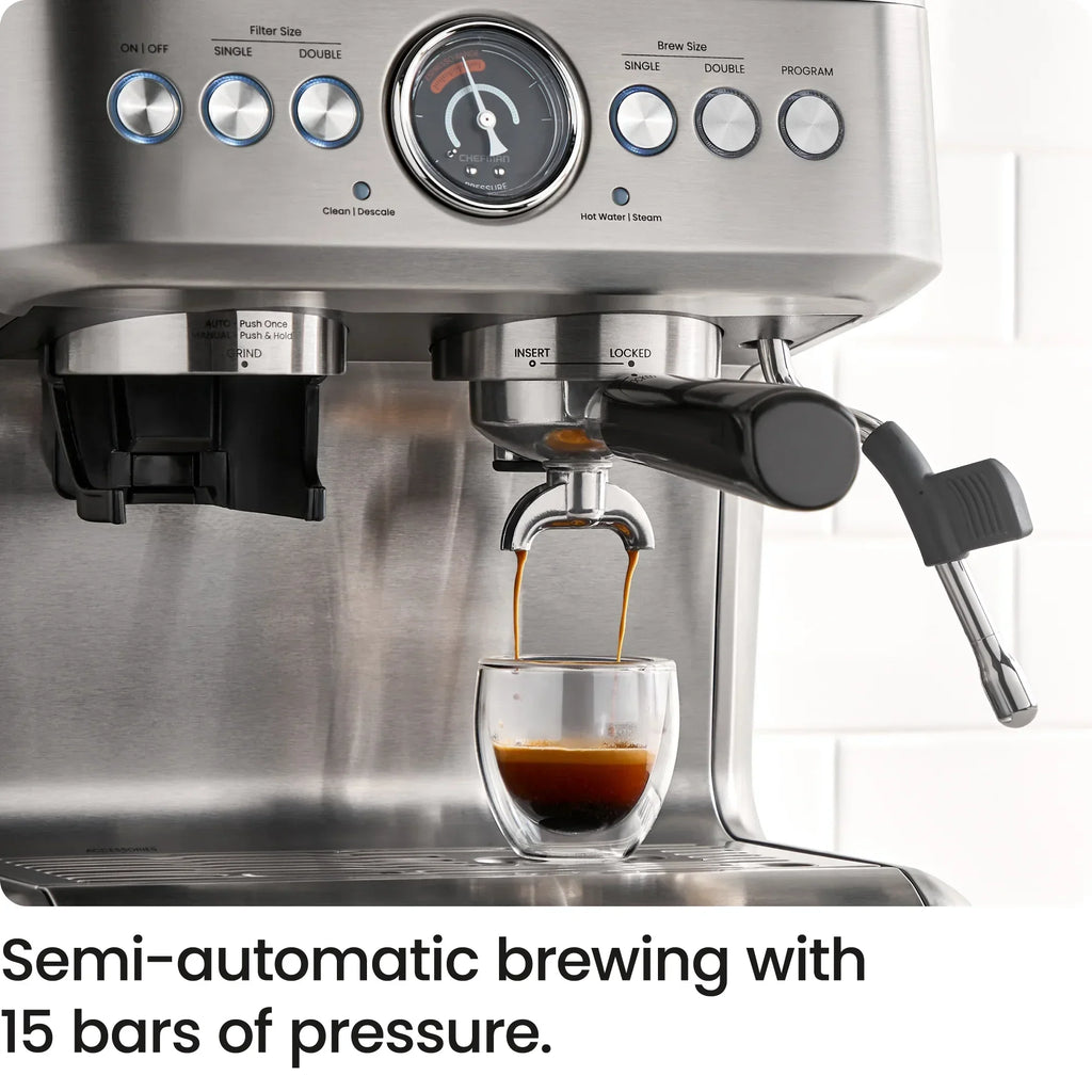 2026 NewChefman Crema Supreme Espresso Machine with Conical Burr Grinder and Steam Wand a. Stainless Steel, New