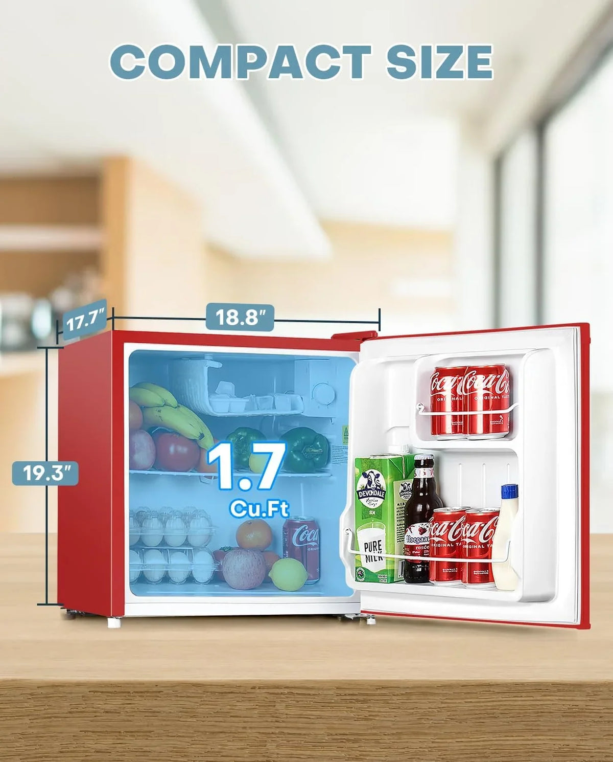 2026 NewUpstreman 1.7 Cu.ft Mini Fridge with Freezer, Dorm Essentials, Adjustable Thermostat, Energy Saving, Low Noise, Single Door Compact Refrigerator for Dorm, Office, Bedroom, Red-FR17
