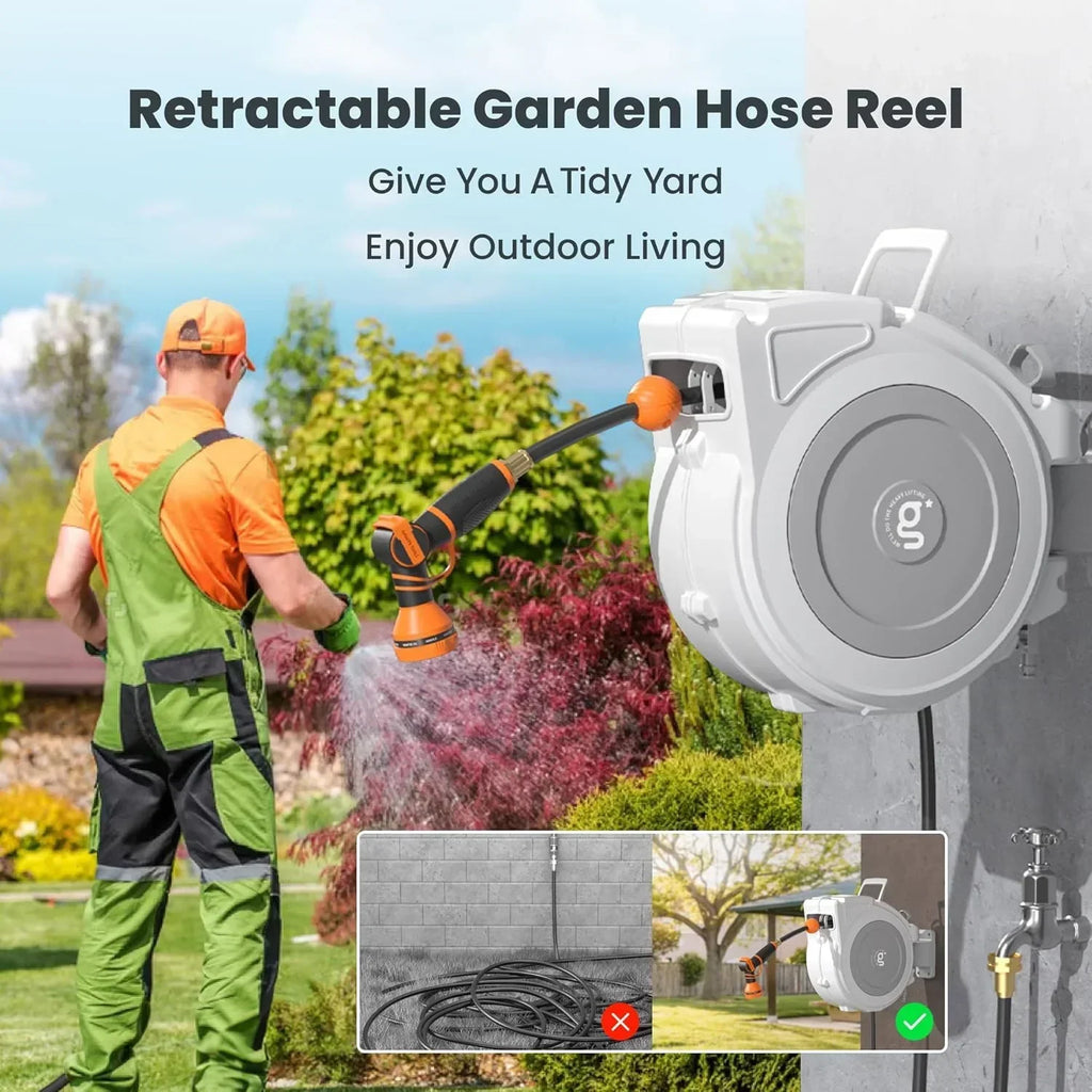 2026 NewGiraffe Tools Retractable Garden Hose Reel with 1/2in-100ft Water Hose, Plastic Bracket, Wall Mounted, Dark Grey